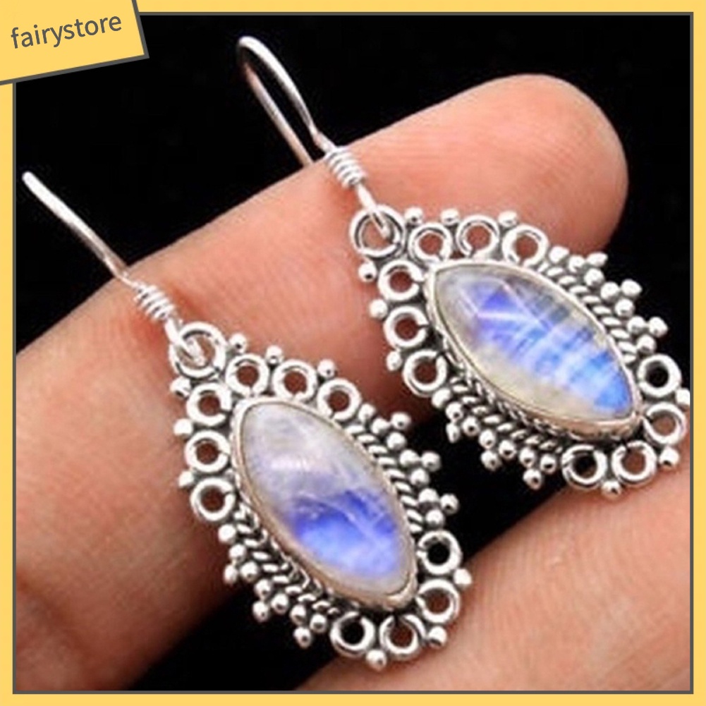 Khuyên Tai Móc Đính Đá Mặt Trăng Nhân Tạo Phong Cách Vintage