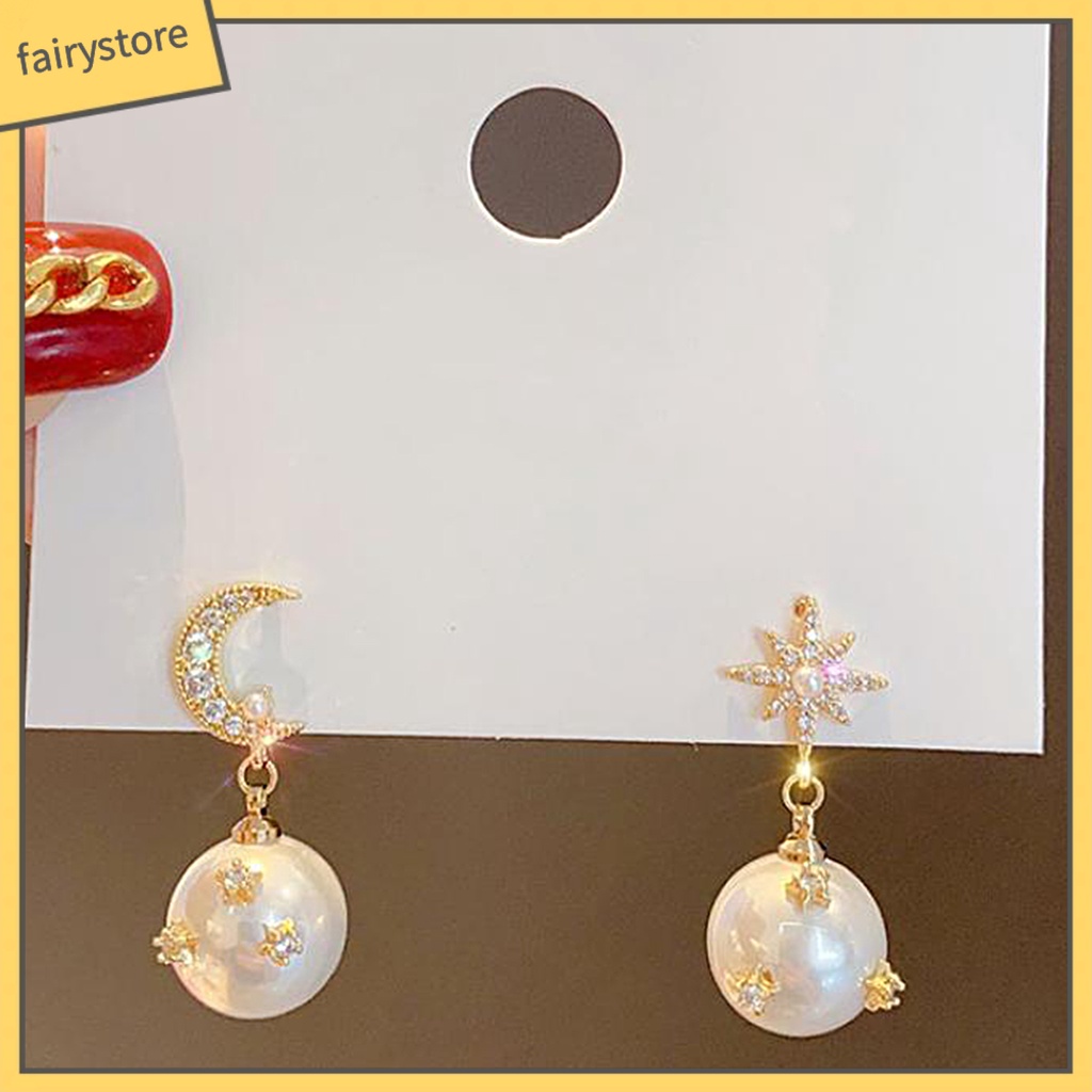 [FRO] 1 Đôi Bông Tai Bất Đối Xứng Hình Ngôi Sao Và Mặt Trăng Đính Ngọc Trai Nhân Tạo Phong Cách