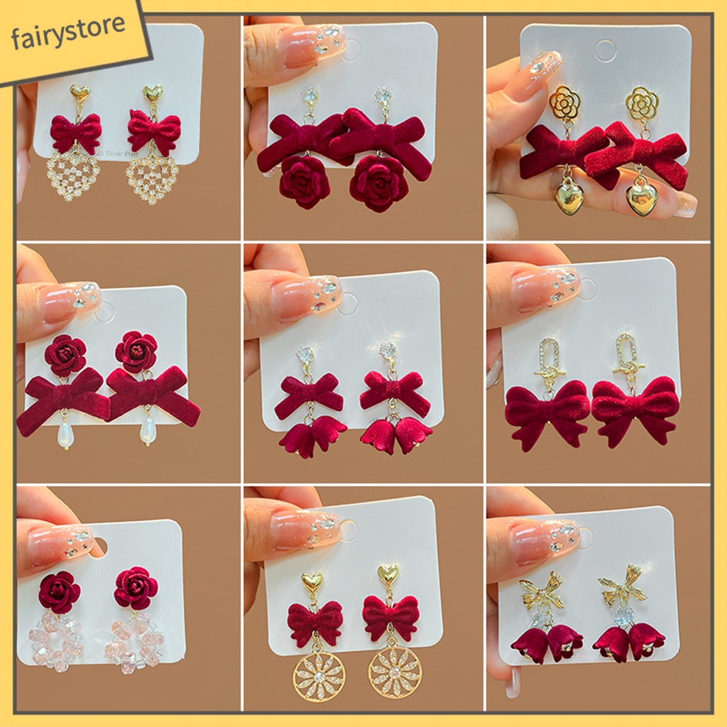 1 Đôi Bông Tai Dáng Dài Hình Nơ / Hoa / Trái Tim Màu Đỏ Chống Rơi Thời Trang Cho Nữ