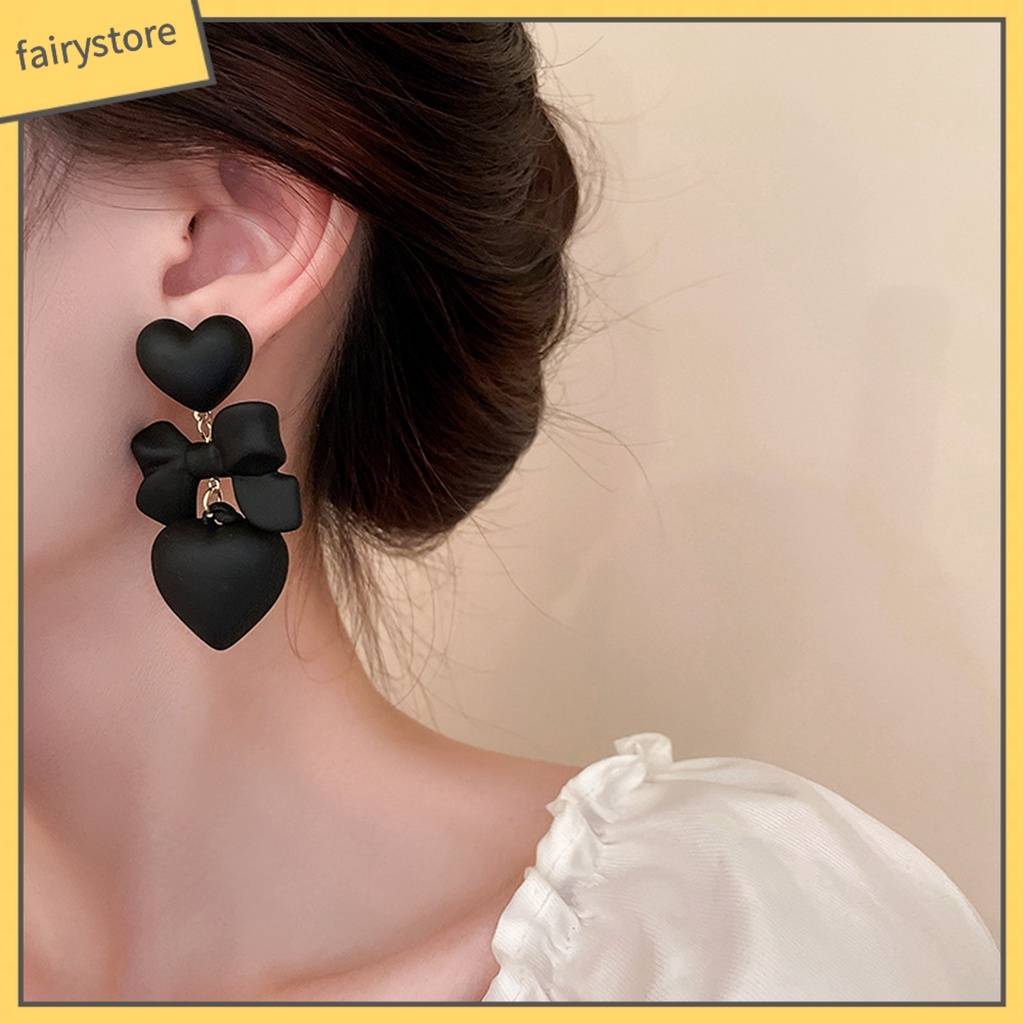 1 Đôi Bông Tai Hình Trái Tim / Nơ Màu Đen Phong Cách Gothic Thời Trang