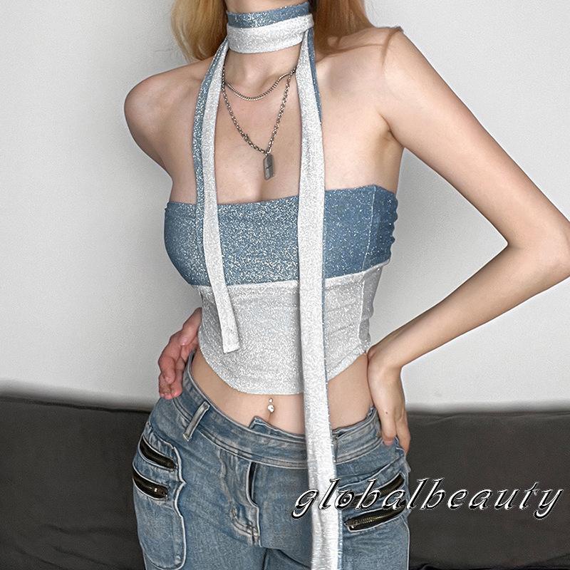 Bộ Trang Phục 2 Mảnh Gồm Áo Croptop Màu Sắc Tương Phản Và Khăn Choàng Cổ Thời Trang Mùa Hè Cho Nữ