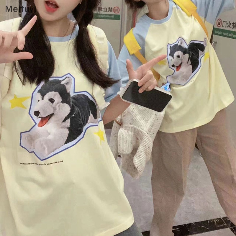 Áo Thun Tay Ngắn Cổ Tròn Dáng Rộng In Hình Chú Chó Hoạt Hình Dành Cho Nữ
