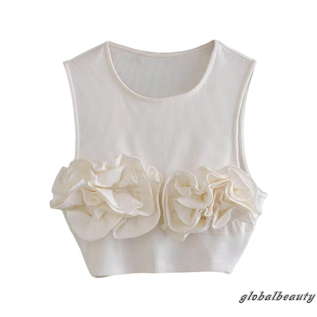 Áo Croptop Sát Nách Màu Trơn In Họa Tiết Hoa 3D Thời Trang Mùa Hè Cho Nữ