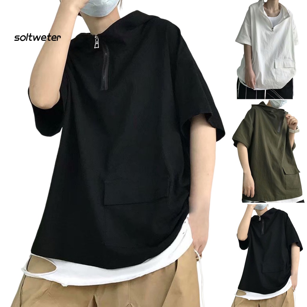 Áo Hoodie Tay Ngắn Dáng Rộng Màu Sắc Đơn Giản Trọng Lượng Nhẹ Thời Trang Mùa Hè Cho Nam