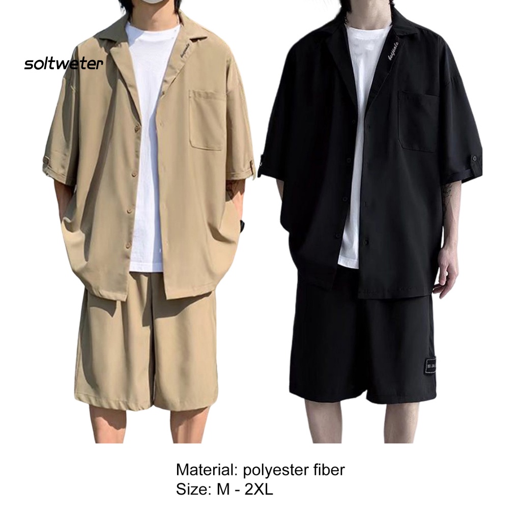 1 Bộ Áo Cổ Bẻ Màu Trơn Phối Quần Short Mỏng Thời Trang Đi Biển Mùa Hè Cho Nam