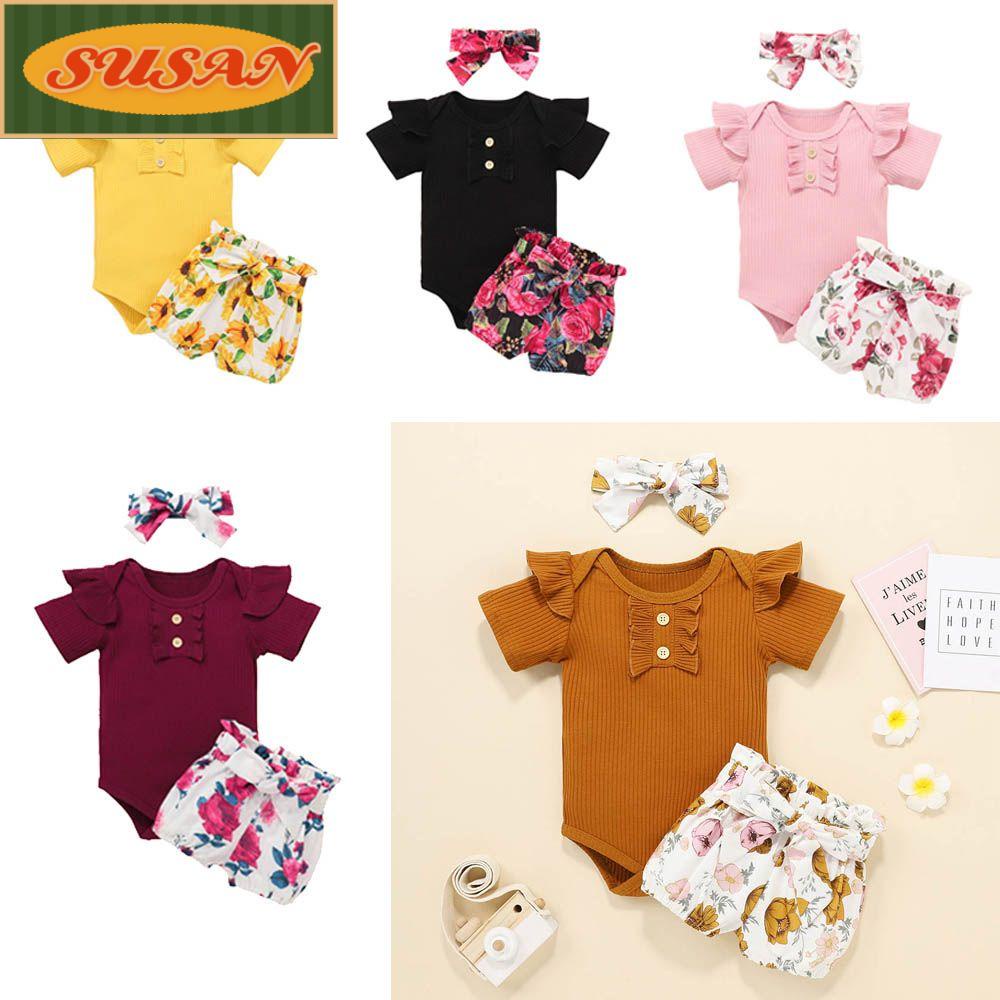 Bộ Áo Liền Quần Ngắn Tay + Quần Sooc + Băng Đô In Họa Tiết Xinh Xắn Cho Bé Gái