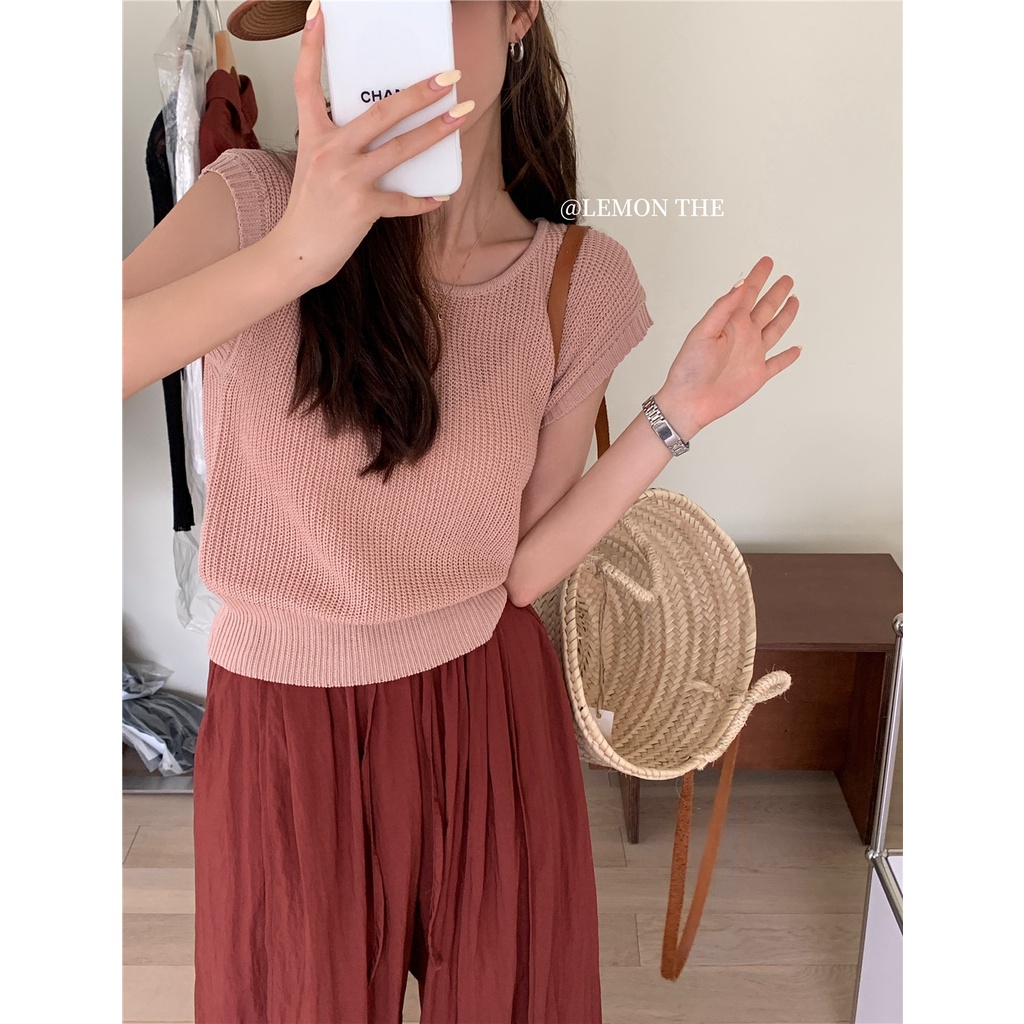 Áo Thun Dệt Kim Không Tay Cổ Tròn Họa Tiết Kẻ Sọc Màu Sắc Tương Phản Thời Trang Mùa Hè Phong