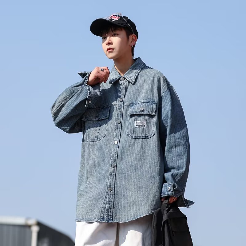 Áo Khoác Denim Kẻ Sọc Dọc Dáng Rộng Kiểu Đường Phố Mỹ Thời Trang Xuân Thu Cho Nam