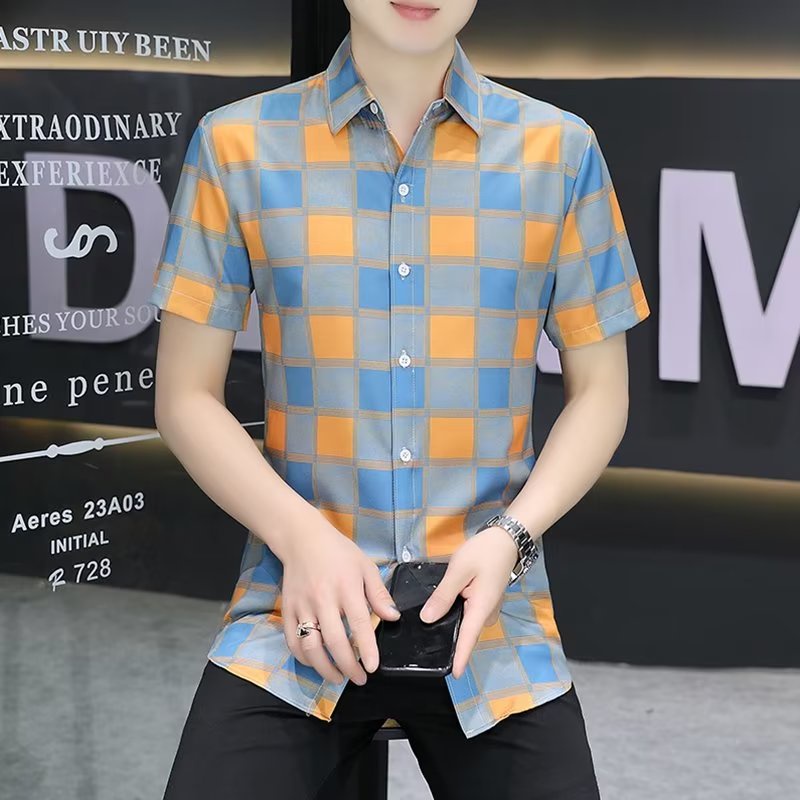 Áo Sơ Mi Tay Ngắn Dáng Rộng Họa Tiết Kẻ Sọc Màu Đen / Cam Phong Cách Hàn Quốc Thời Trang Cho Nam