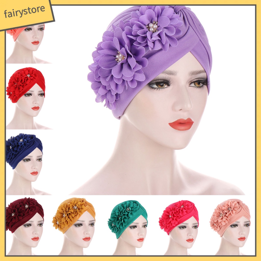 Mũ Turban Trùm Đầu Co Giãn Thiết Kế Ba Bông Hoa Thời Trang