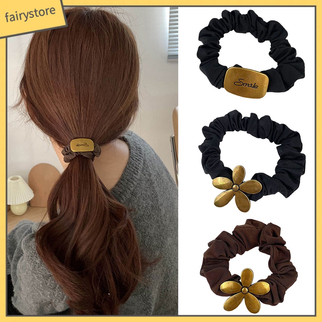 Dây Cột Tóc Co Giãn Đính Hoa Kim Loại Màu Trơn Đơn Giản Cho Nữ