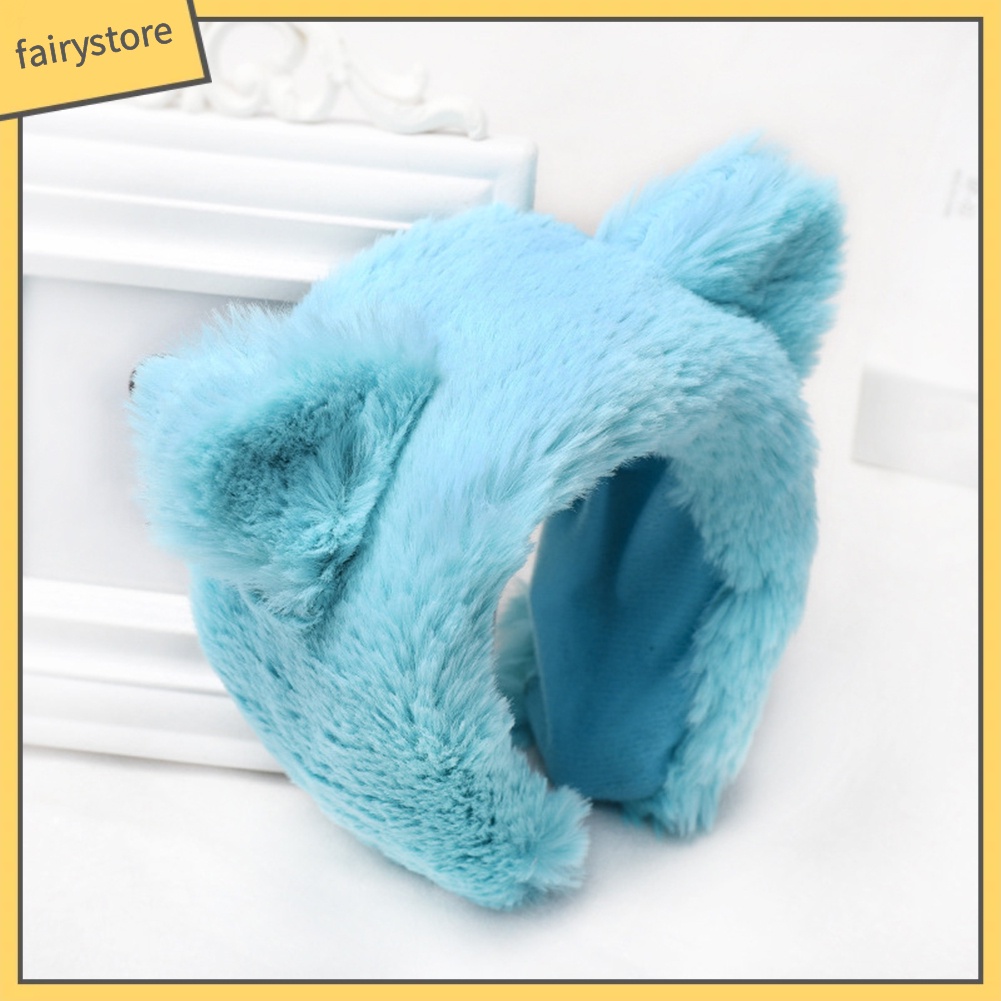 Băng Đô Cài Tóc Rửa Mặt Mùa Đông Màu Trơn Hình Tai Thú Lông Cho Nữ