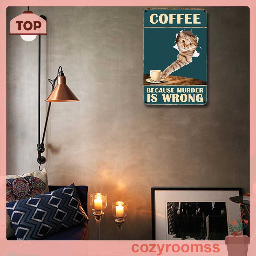 Bảng Kim Loại Hình Chữ Nhật Vẽ Hình Mèo Uống Cà Phê Trang Trí Tường Nhà Để Xe
