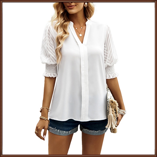 Áo Sơ Mi Tay Lửng Cổ Chữ V Xẻ Tà Màu Trơn Thời Trang Cho Nữ