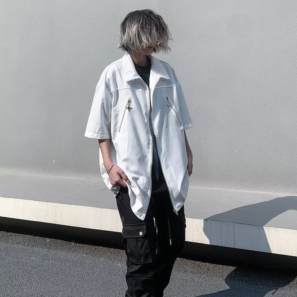 Áo Sơ Mi Tay Ngắn Màu Đen Có Khóa Kéo Dáng Rộng Phong Cách Đường Phố Mỹ Cá Tính Cho Nam