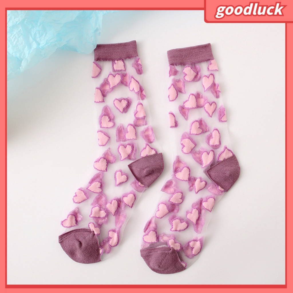 1 Đôi Tất Lụa Thủy Tinh Trong Suốt Co Giãn Chống Trượt Họa Tiết Trái Tim Cho Nữ