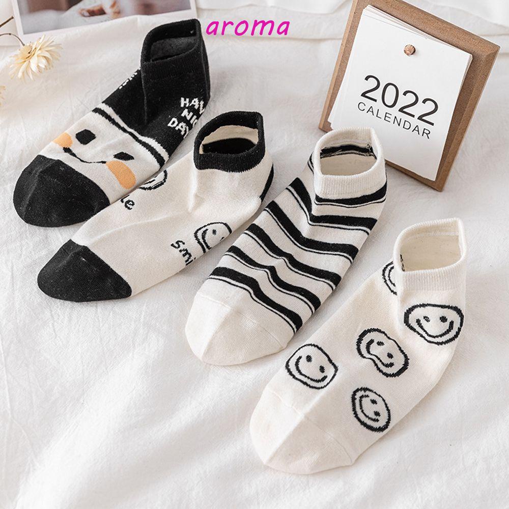 Vớ Cotton Cổ Thấp Thoáng Khí In Họa Tiết Mặt Cười Phối Kẻ Sọc Ngọt Ngào Thời Trang Cho Nữ