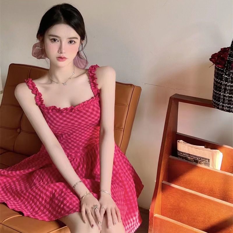 Đầm Búp Bê Hai Dây Nhấn Eo Họa Tiết Sọc Caro Hồng Nữ Tính Ngọt Ngào