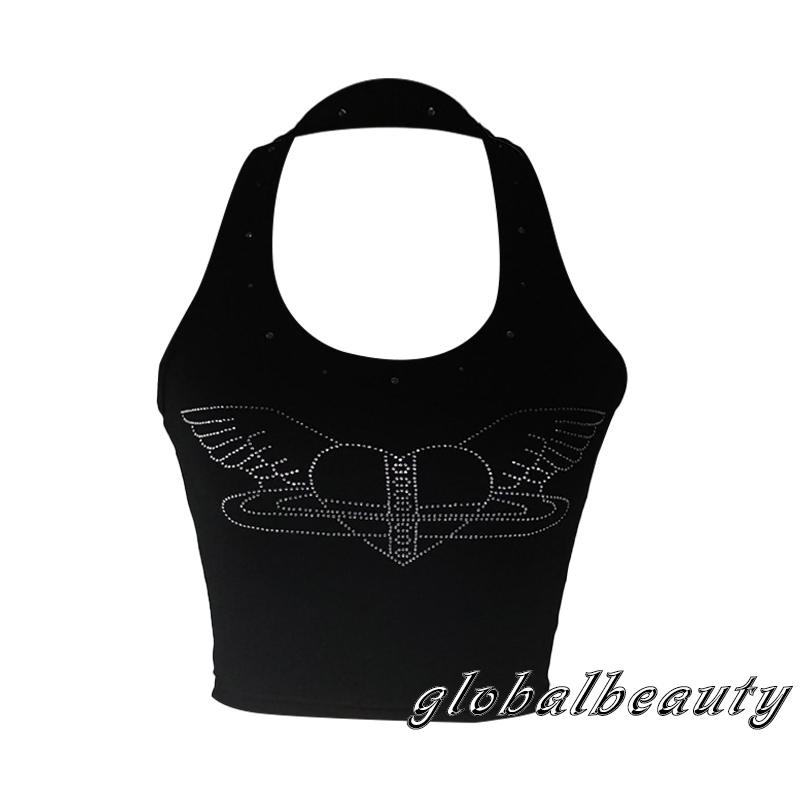 Áo Croptop Hai Dây Hở Lưng In Họa Tiết Đôi Cánh Trái Tim Đính Đá Thời Trang Đường Phố Mùa Hè Cho Nữ