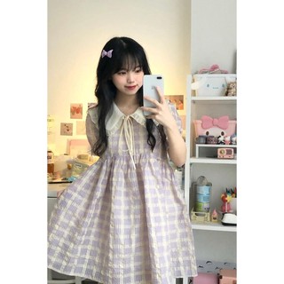 babydoll váy Đầm Tay Phồng Cổ Búp Bê Họa Tiết Sọc Caro Phong Cách Hàn Quốc