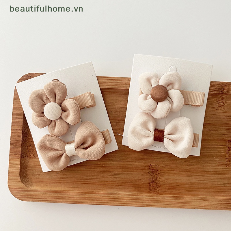 Set 4 / 2 Kẹp Tóc Nơ / Bông Hoa Màu Hồng Ngọt Ngào Cho Bé Gái