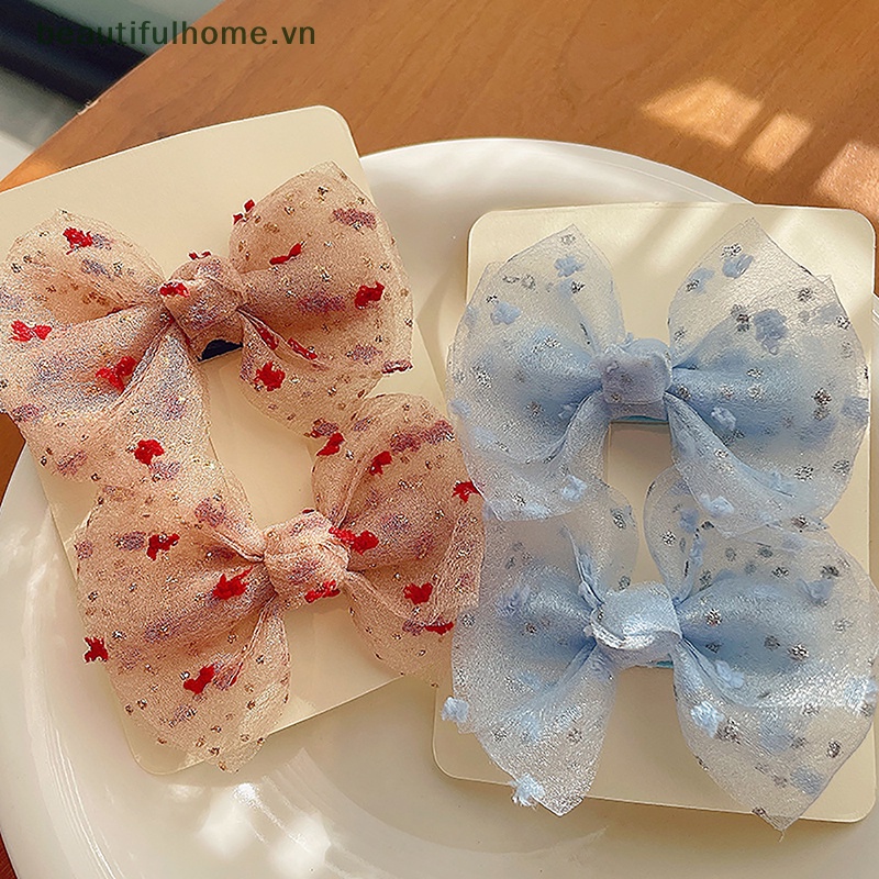 Kẹp Tóc Nơ Lưới Chấm Bi Phong Cách Hàn Quốc Ngọt Ngào Cho Bé Gái