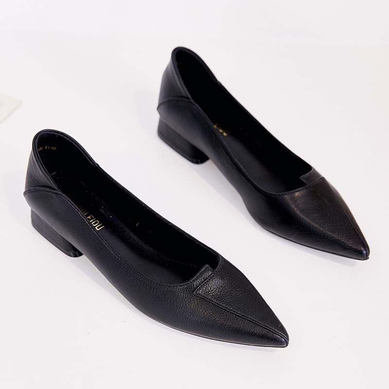 Giày Búp Bê Da Mềm Gót Dày Mũi Nhọn Thời Trang 2024 Cho Nữ