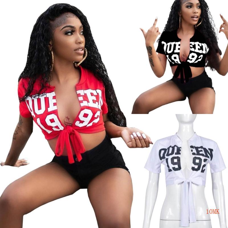 Xiangbao Áo Croptop Tay Ngắn Cổ Chữ V Khoét Sâu Thắt Dây Phía Trước In Chữ Phong Cách Harajuku Gợi Cảm Cho Nữ