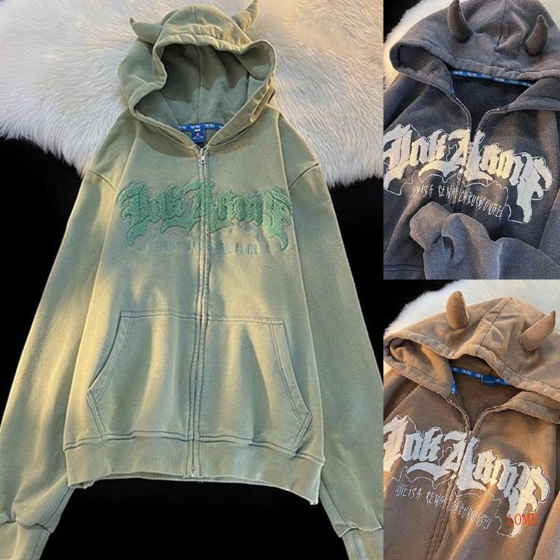 Áo Khoác Hoodie Tay Dài Có Khóa Kéo In Chữ Phong Cách Gothic Dễ Thương