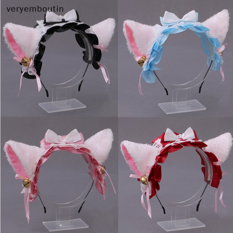 Băng Đô Tai Mèo Lông Xù Phối Ren Đính Chuông Hóa Trang Lolita