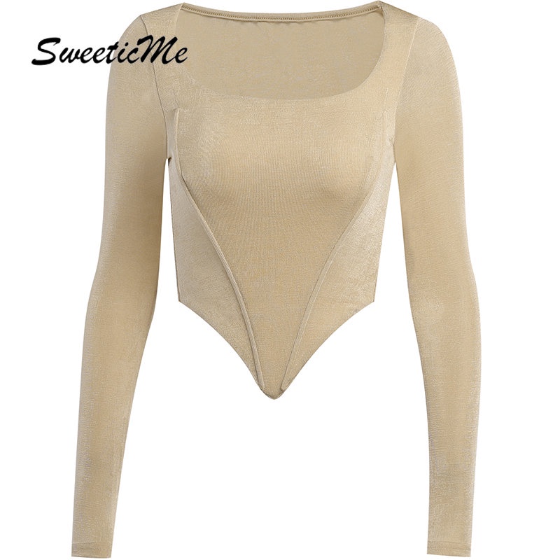 Áo Thun Tay Dài Cổ Vuông Màu Trơn Dáng Ôm Thời Trang 2023 Dành Cho Bạn Nữ