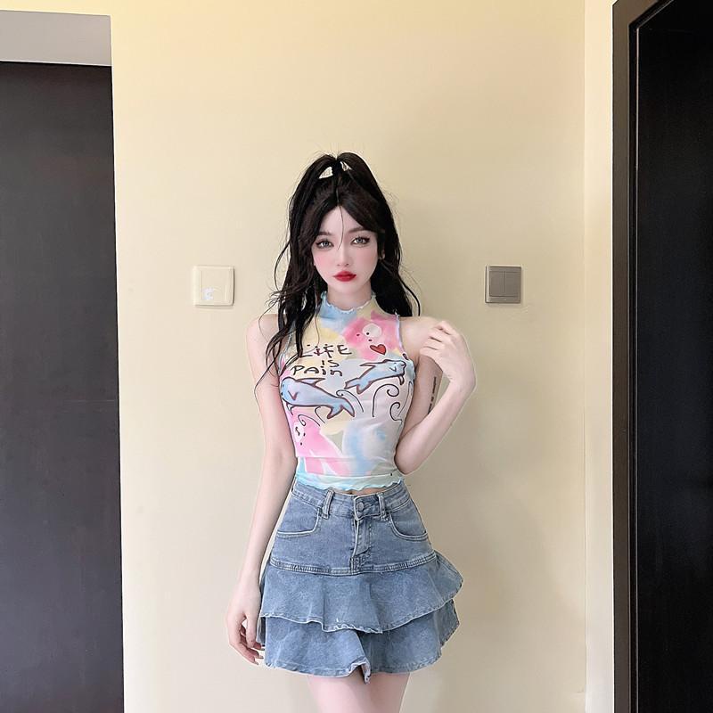 Áo Thun Không Tay Dáng Ôm Họa Tiết Hoạt Hình Nhiều Màu Sắc