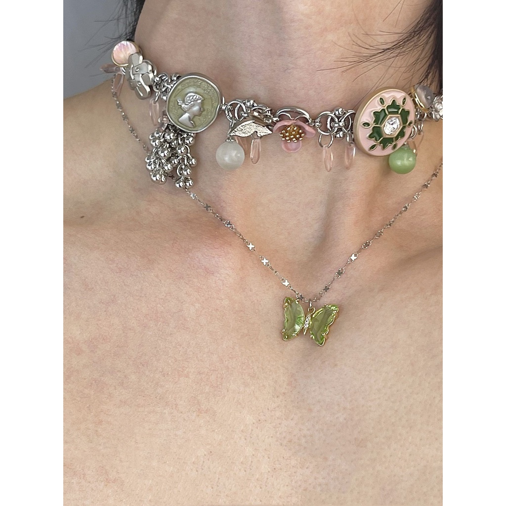 Vòng cổ Thép Titan Mặt Hình Bướm Phong Cách Retro Trung Hoa