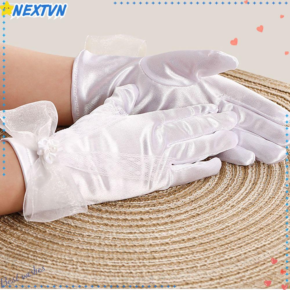 Găng Tay Dài Vải Satin Thắt Nơ Đính Kim Sa Lấp Lánh Cho Bé Gái
