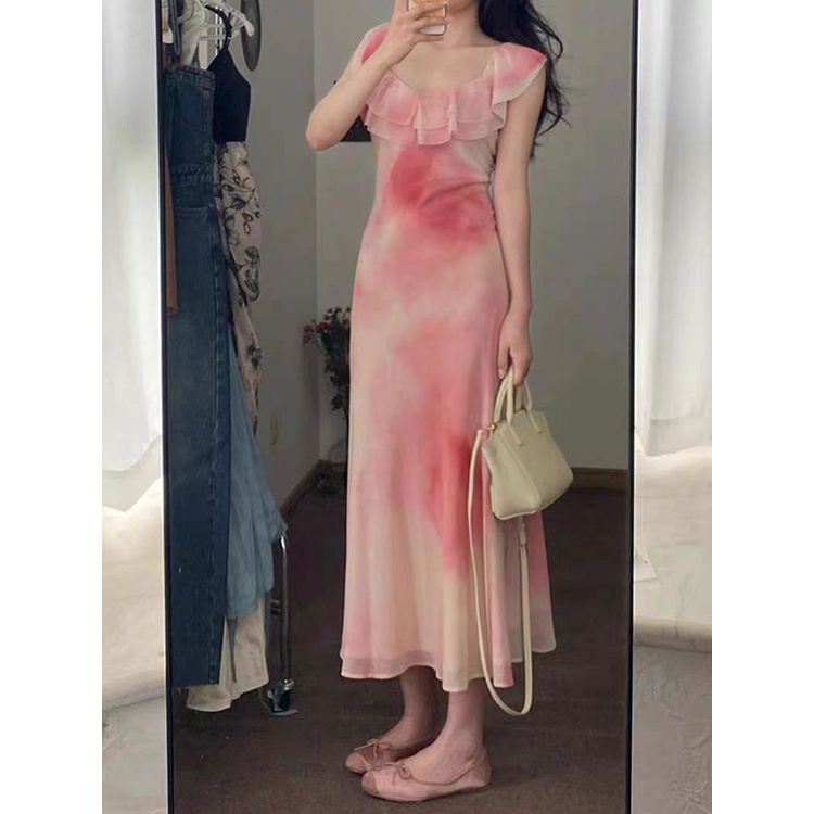 Đầm Chiffon Cổ Vuông Viền Bèo Màu Hồng Phong Cách Hàn Quốc Chất Lượng Cao