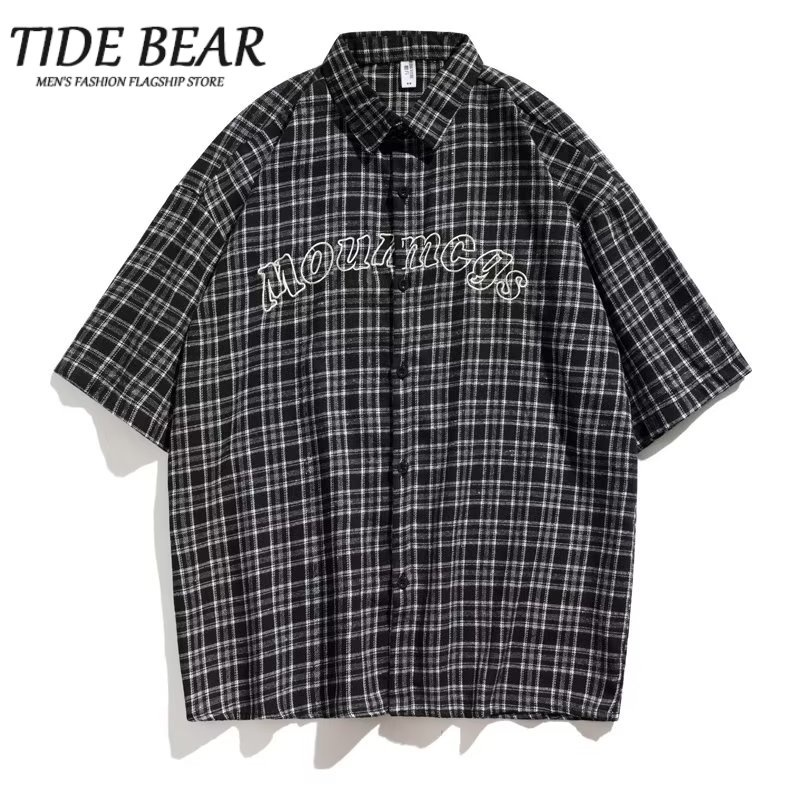 TIDE BEAR Áo Sơ Mi Tay Ngắn Họa Tiết Sọc Caro Phong Cách Retro Nhật Bản