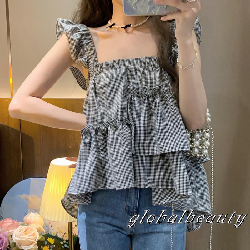 Áo Croptop Tay Phồng Họa Tiết Sọc Caro Ngọt Ngào Thời Trang Mùa Hè Cho Nữ