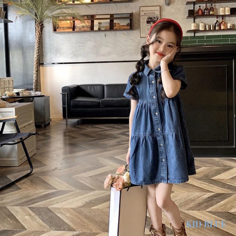 Đầm Denim Mỏng Cổ Bẻ Thời Trang Mùa Hè Phong Cách Hàn Quốc Cho Bé Gái