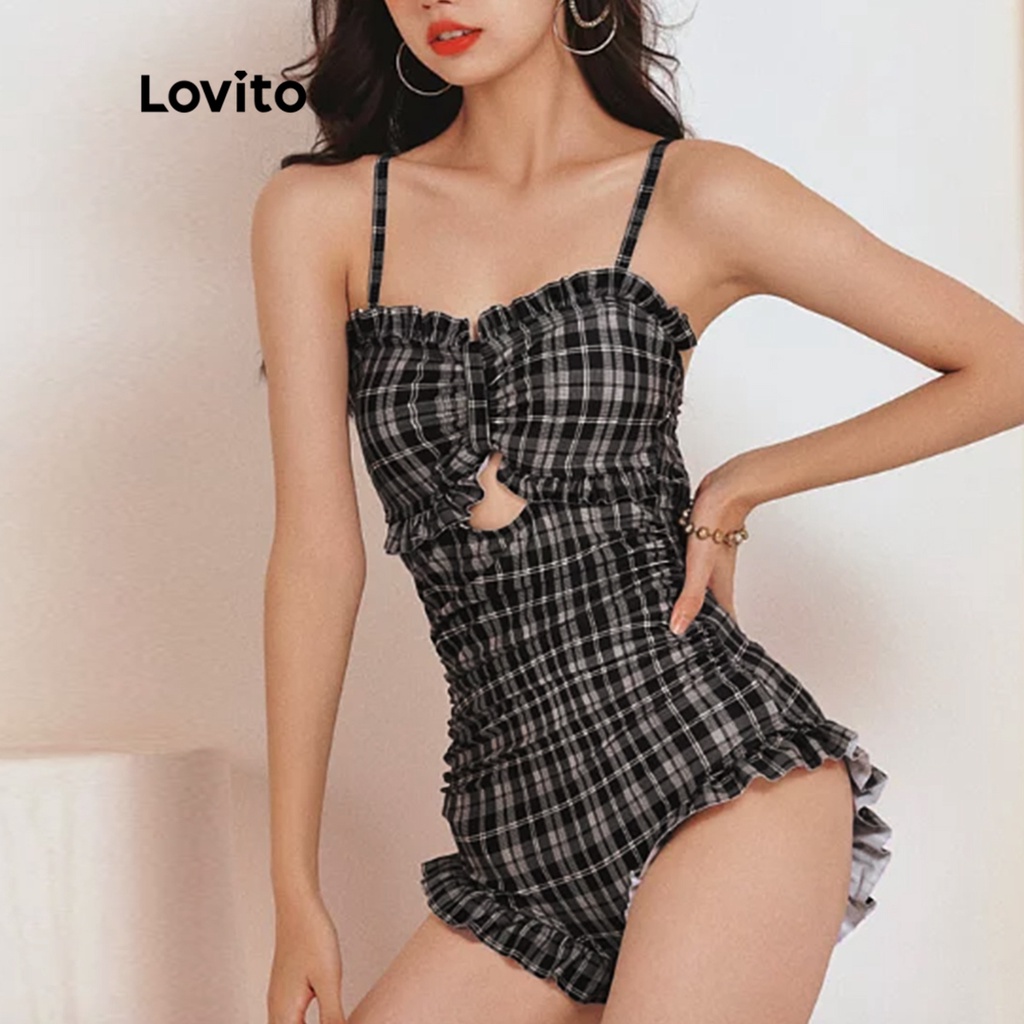 Đồ bơi một mảnh Lovito cắt xẻ kẻ sọc viền nhún bèo dễ thương buộc dây miếng đệm tháo rời được cho nữ L50AD007 (đen)