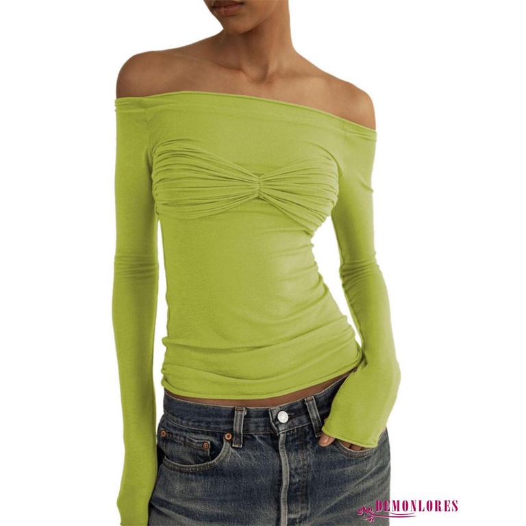 Áo Thun Tay Dài Trễ Vai Phối Lưới Xuyên Thấu Đính Nơ Y2K Phong Cách Đường Phố Quyến Rũ Cho Nữ