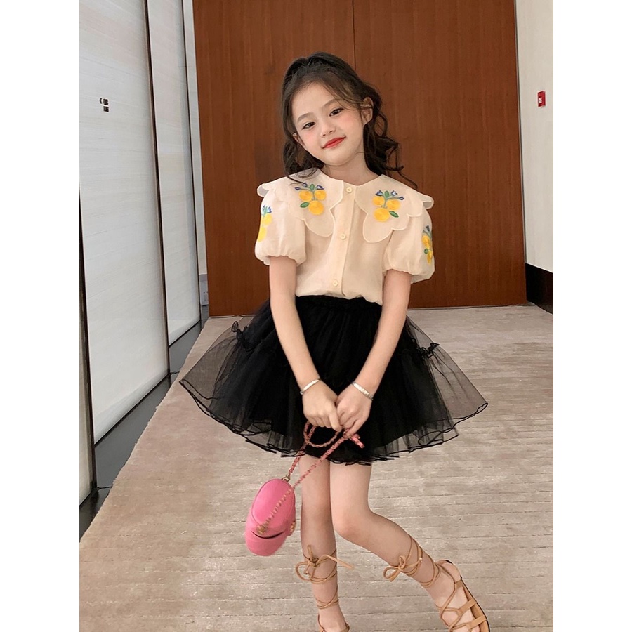 Bộ Áo Sơ Mi Cổ Búp Bê Thêu Họa Tiết + Chân Váy Lưới Ngắn Thời Trang Mùa Hè 2023 Mới Cho Bé Gái