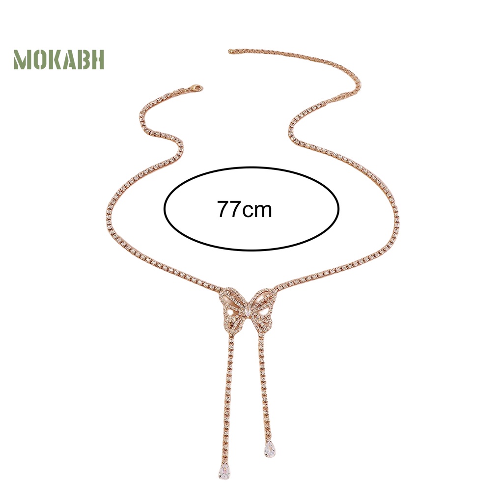 [Mok Abh] Vòng cổ Dáng Dài Hai Lớp Mặt Hình Bướm Đính Đá Phong Cách Retro Thanh Lịch