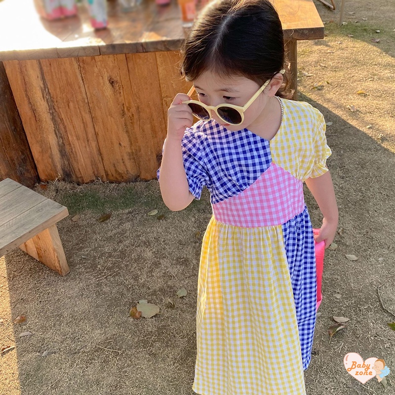 Đầm Công Chúa Tay Ngắn Phồng Cổ Chữ V In Họa Tiết Caro Thời Trang Mùa Hè Hàn Quốc Cho Bé Gái