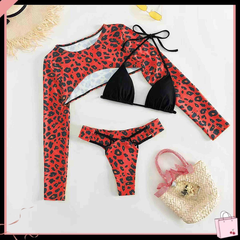 Bộ Đồ Bơi 3 Mảnh Tay Dài Cổ Khoét Sâu In Họa Tiết Da Báo Quyến Rũ Dành Cho Nữ