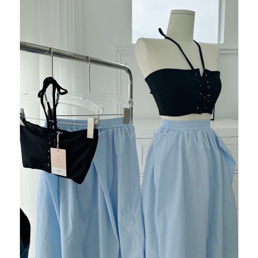 Set croptop đen dây yếm đan dây +chân váy xanh xoè💖 KÈM ẢNH THẬT