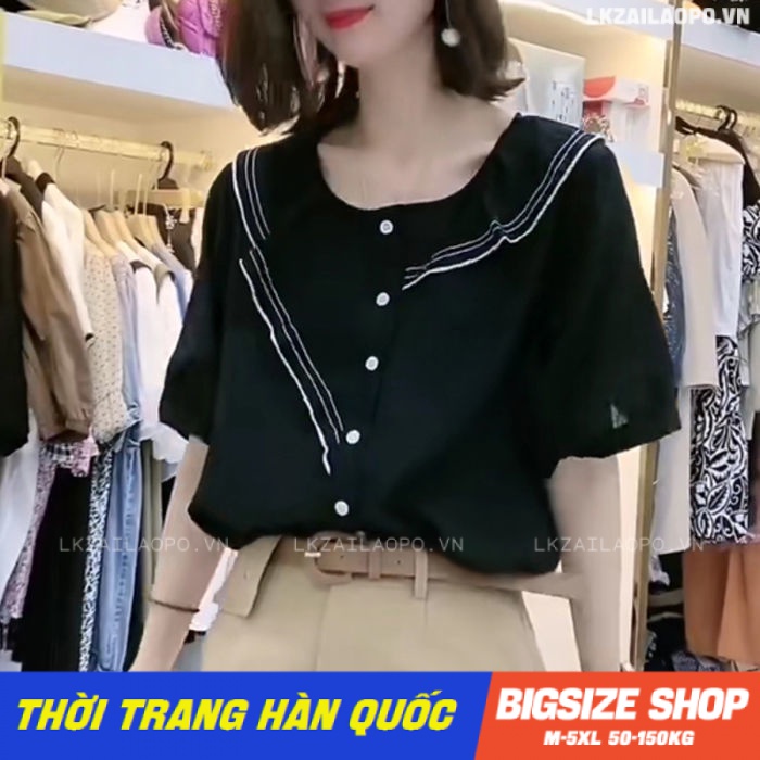 Áo sơ mi nữ tay ngắn Bigsize Áo kiểu tiểu thư form rộng cổ tròn đen mùa hè Phong cách Hàn Quốc Thời Trang đẹp