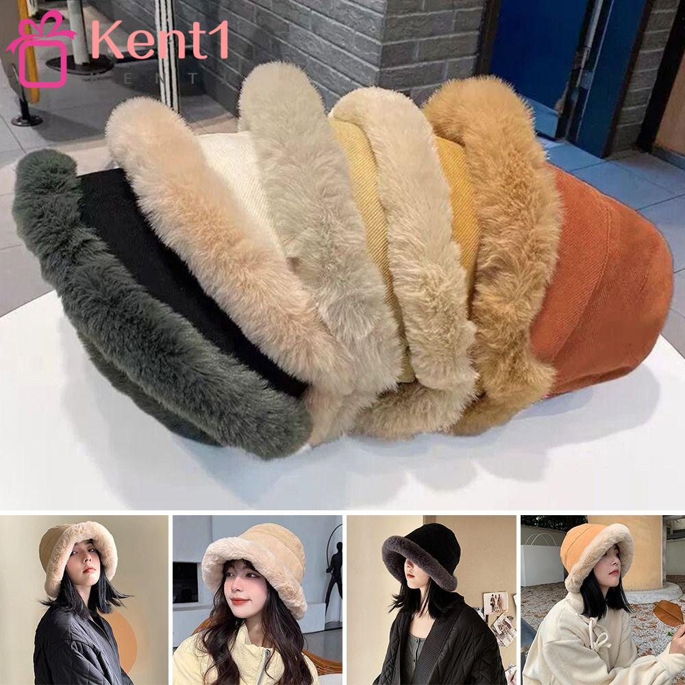 KENT1 Mũ Bucket Chất Nhung Phối Lông Thú Thời Trang Mùa Đông