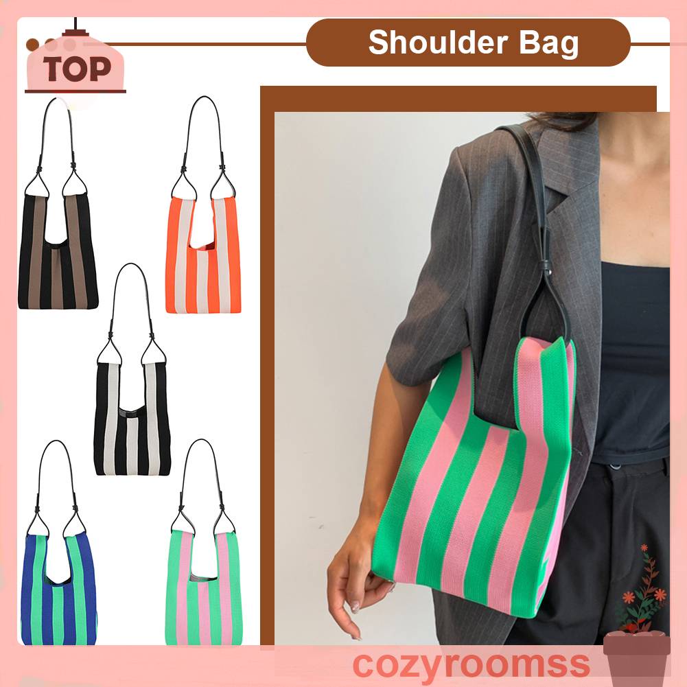 Túi Tote Đan Len Họa Tiết Sọc Tương Phản Thời Trang Cho Nữ