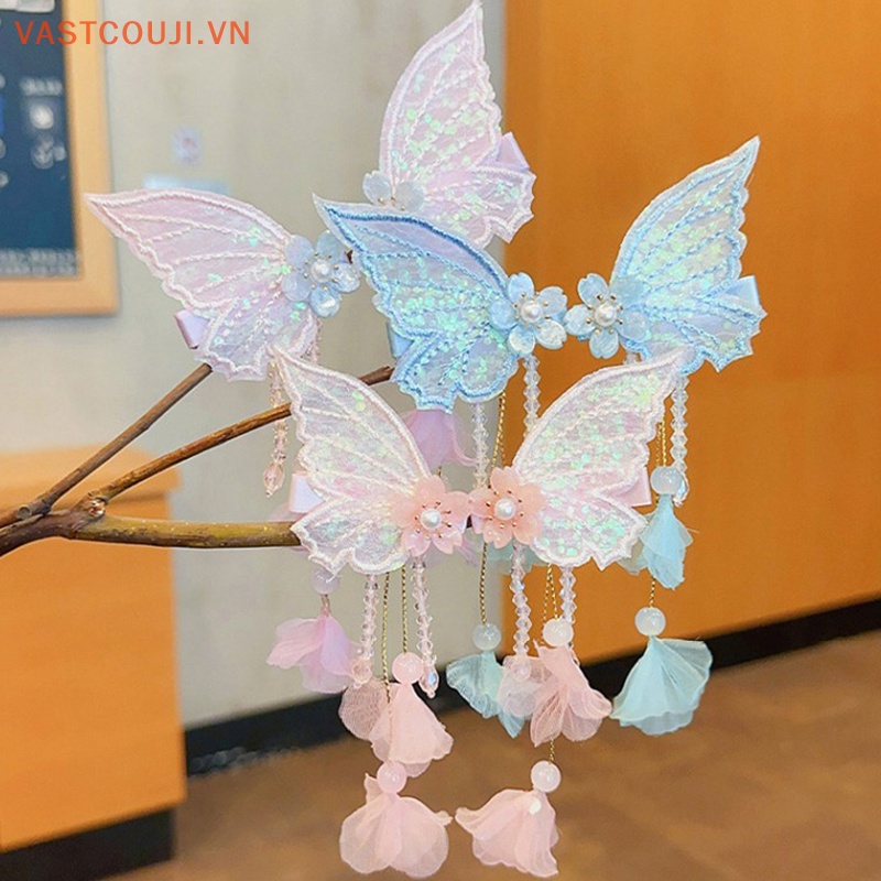 1 Cặp Kẹp Tóc Tua Rua Thêu Hoa Bướm Handmade Thời Trang Cho Nữ