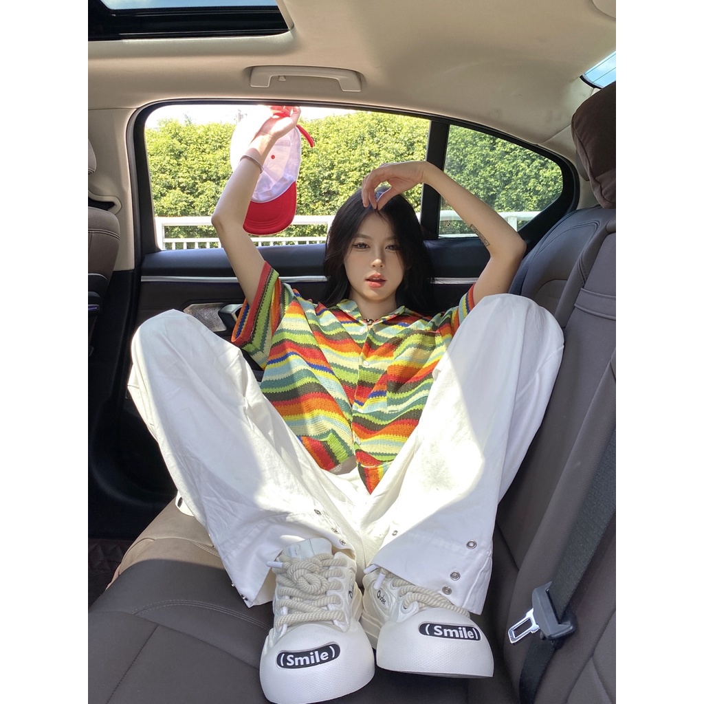 Áo Sơ Mi Dệt Kim Tay Ngắn Kẻ Sọc Màu Sắc Tương Phản Thời Trang Mùa Hè Cho Nam Và Nữ